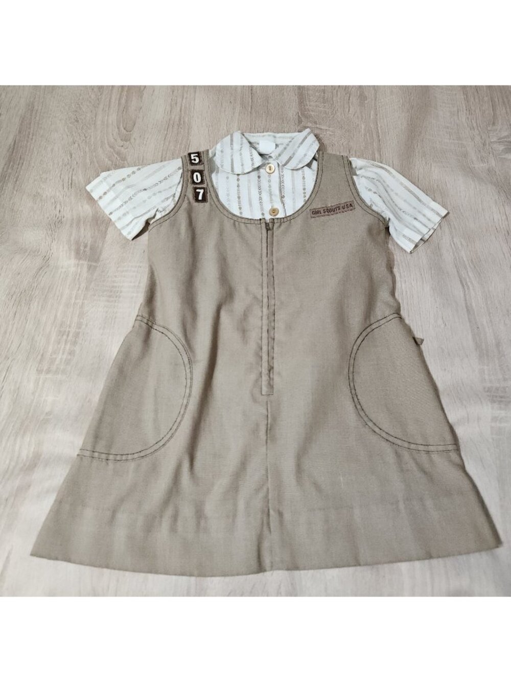 Vintage 1970s Girl Scouts Brownie USA Dress & Blouse Uniform Child Sz 7 Brown